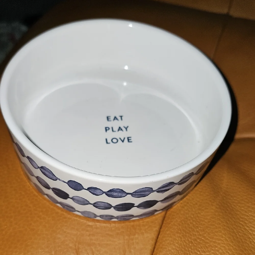 Fringe White Blue Dotted Pet Bowl Eat Play Love